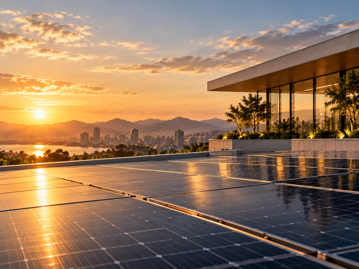 Painéis solares ao pôr do sol